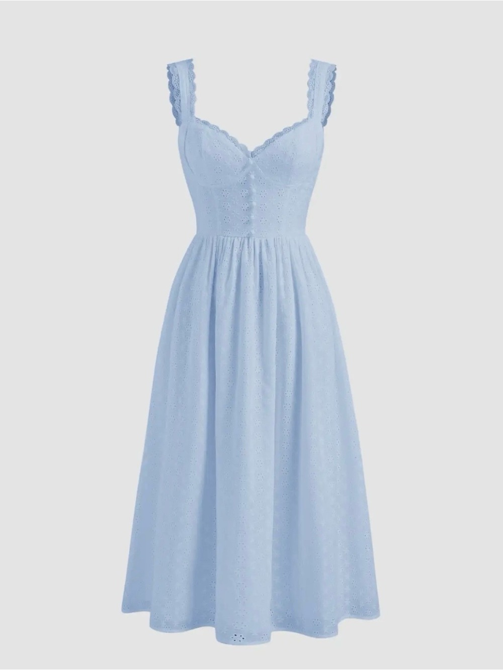 Cider Soft Light Blue Cotton V-Neck Dress with Scalloped Lace Straps